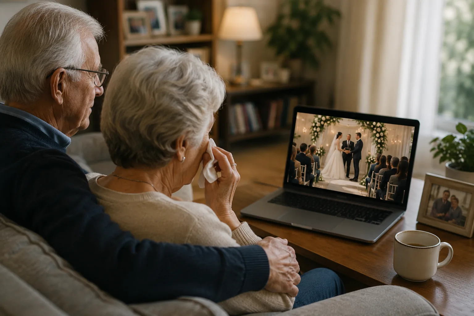 Grandparents watching a wedding livestream from home on a laptop