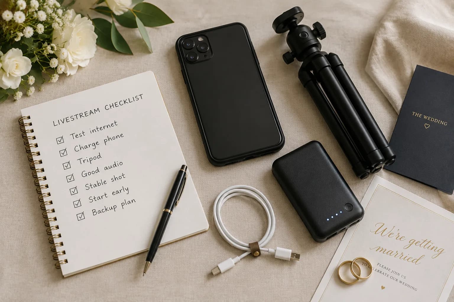 Wedding livestream checklist with a smartphone, tripod, charger and power bank
