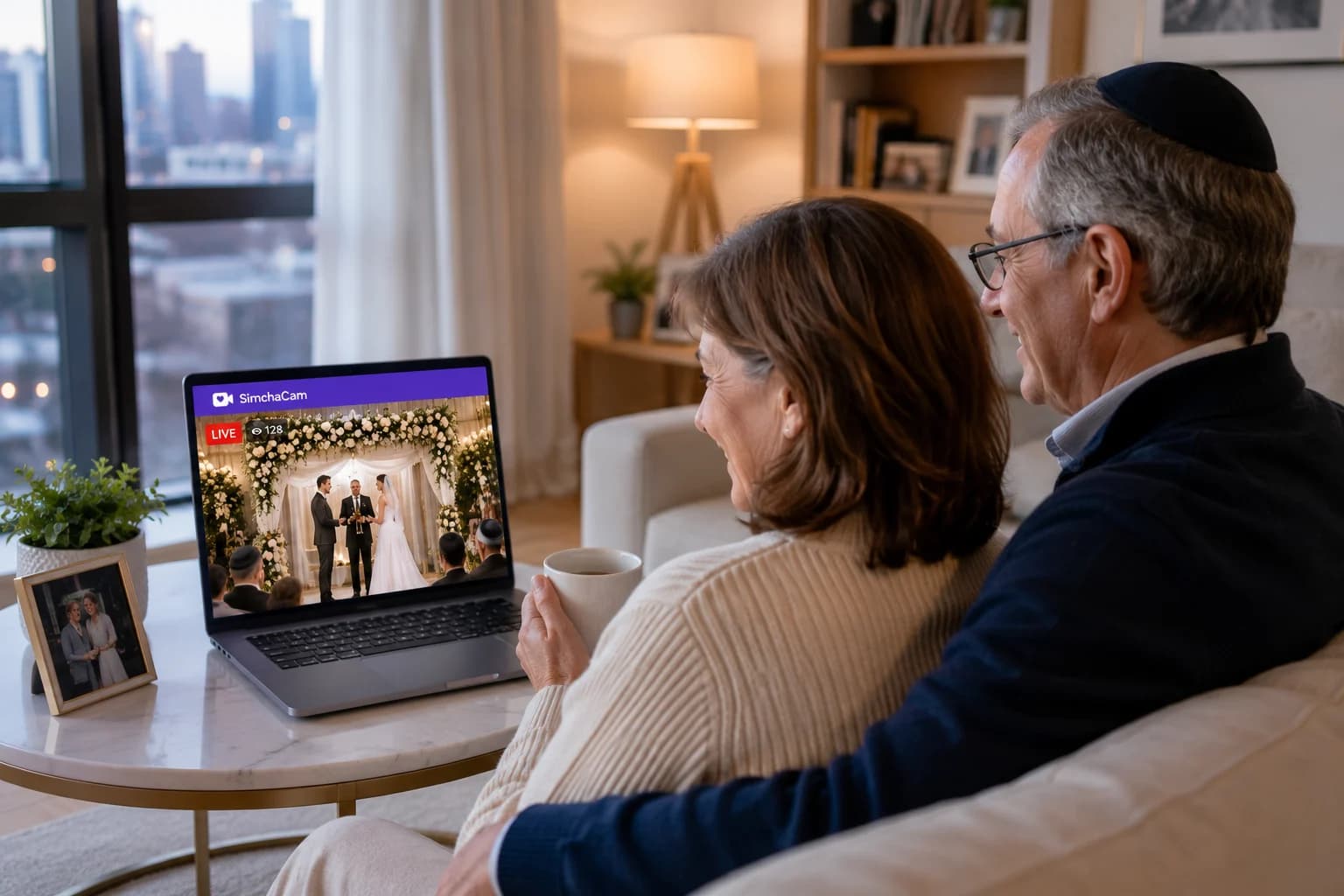 Family watching a wedding livestream from home.