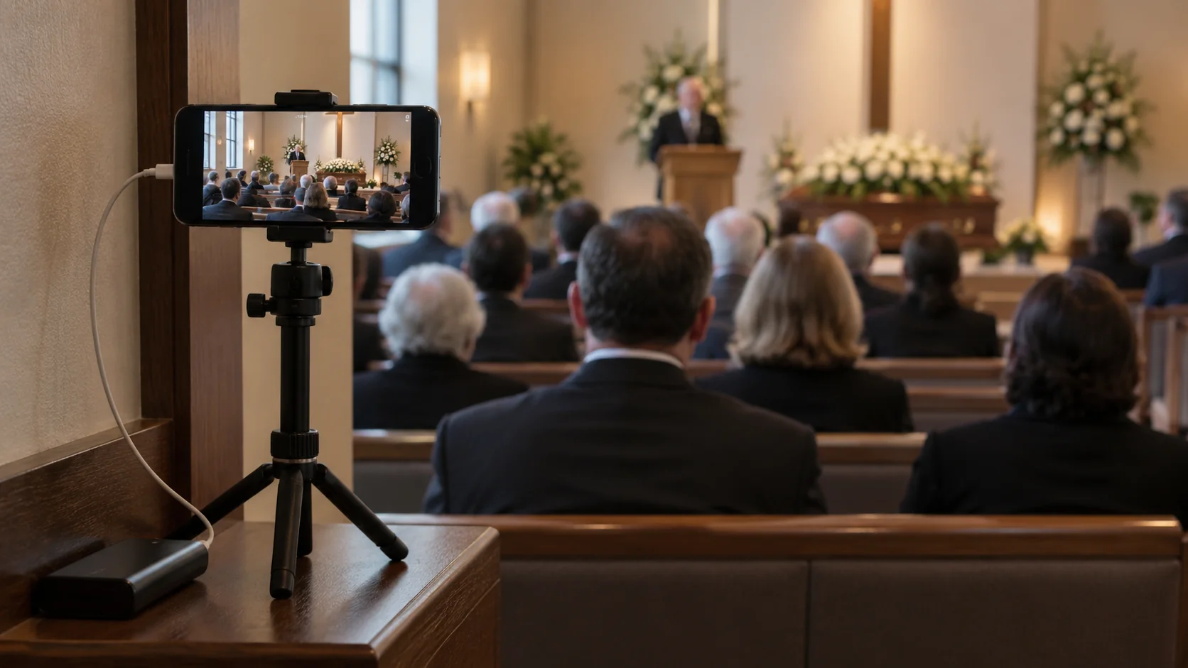 Smartphone positioned discreetly on a tripod to livestream a memorial service