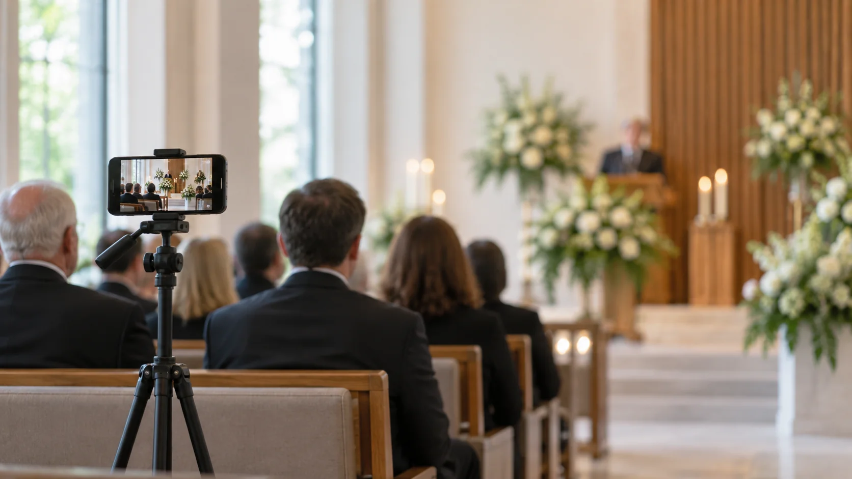 Smartphone on a discreet tripod privately livestreaming a memorial service