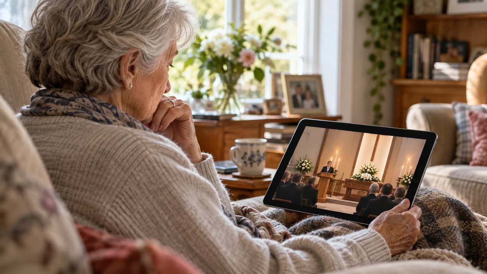 Older relative watching a private memorial service livestream on a tablet from home