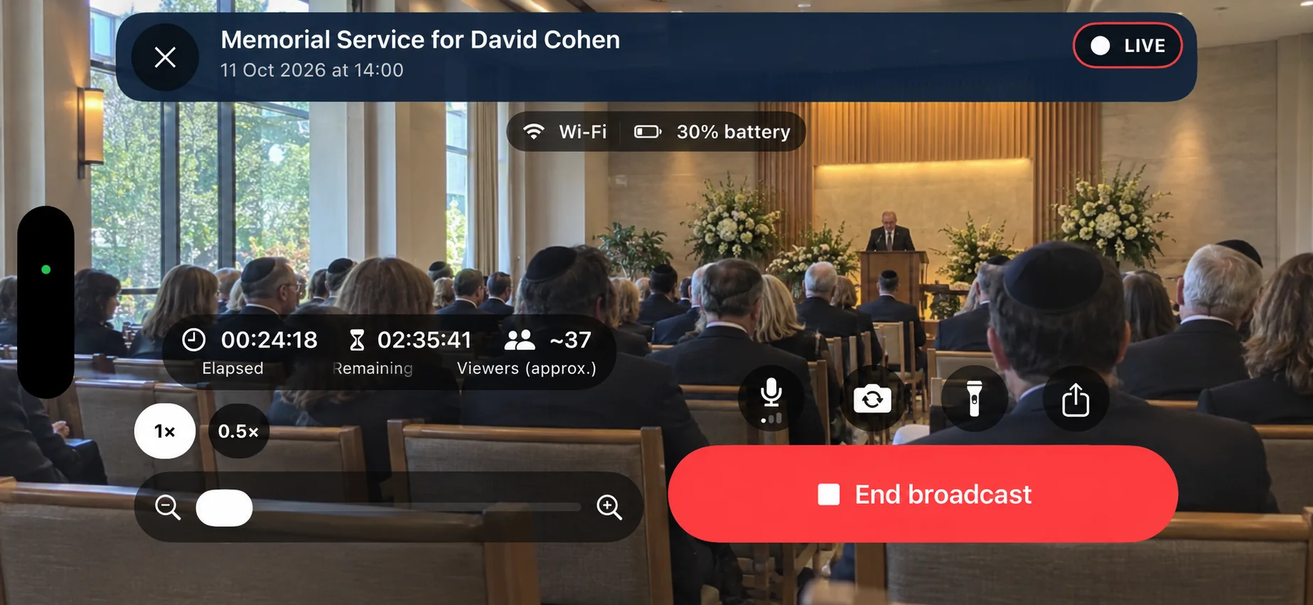 SimchaCam Android broadcasting app privately livestreaming a memorial service