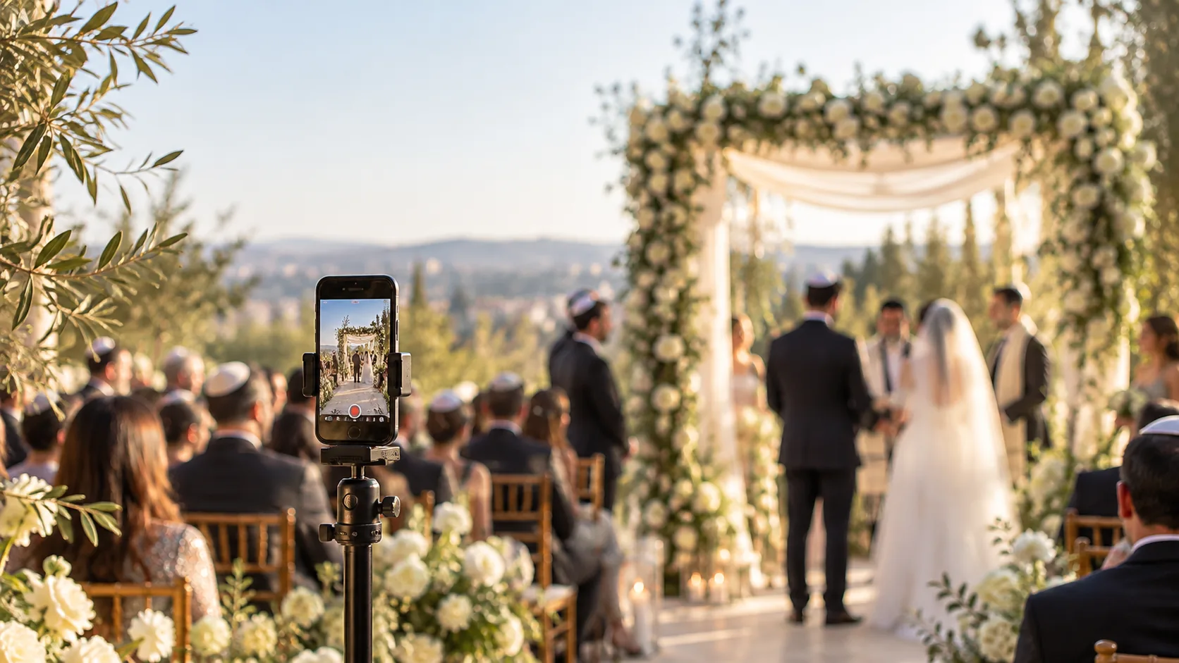Smartphone on a tripod privately livestreaming a wedding ceremony