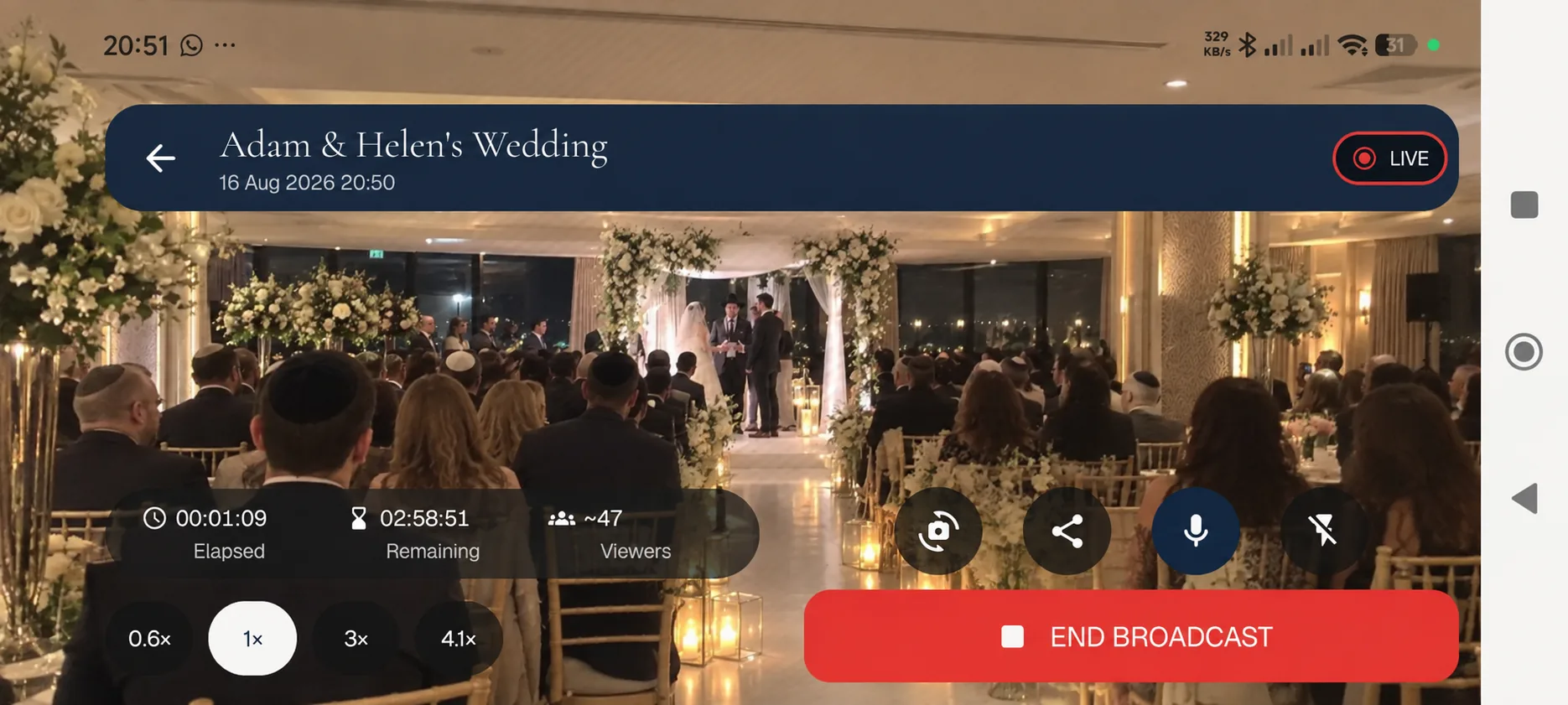 SimchaCam Android broadcasting app livestreaming an event