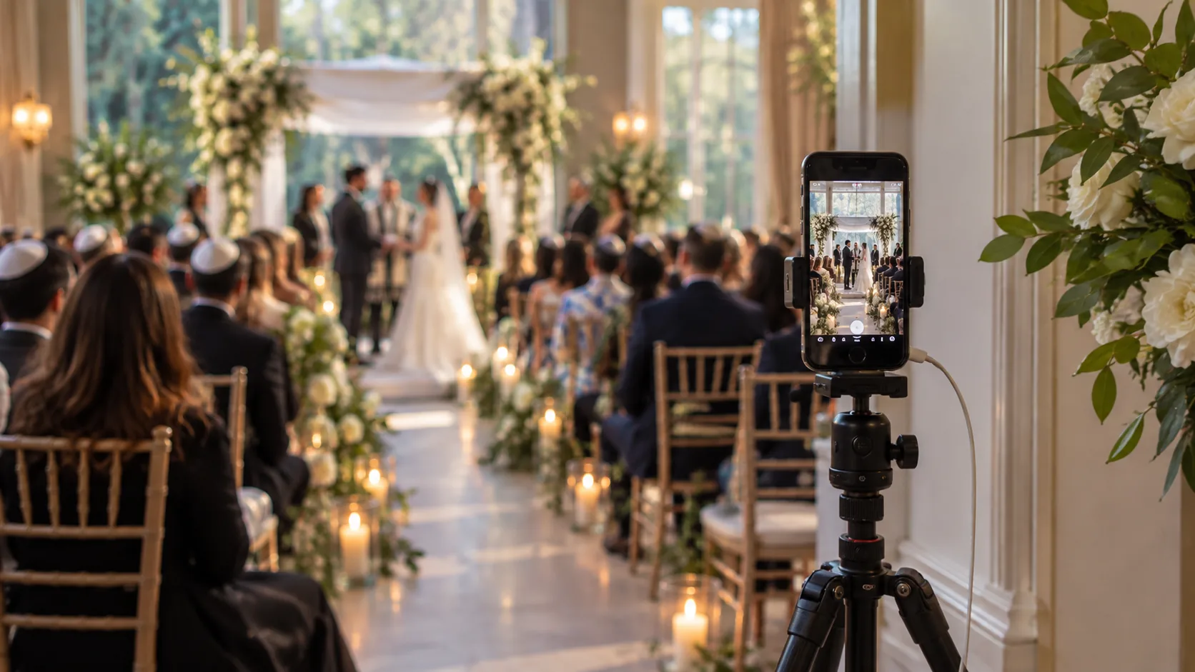 Smartphone and tripod positioned to livestream a wedding ceremony