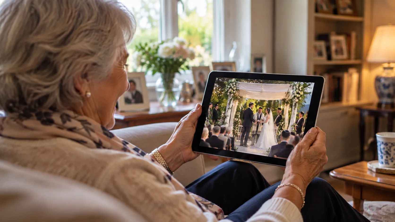 Older relative watching a wedding livestream on a tablet from home