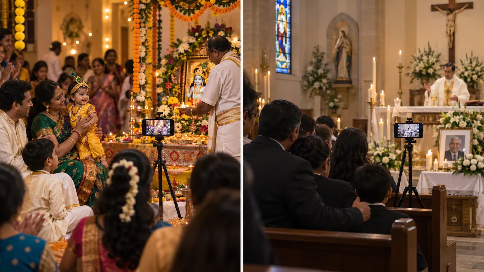 Editorial illustration of a Janmashtami celebration and a Catholic memorial Mass being livestreamed
