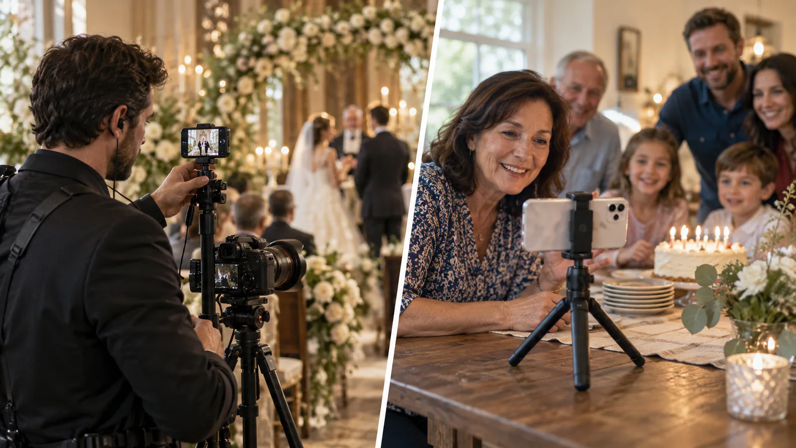Professional event videographer and family member using smartphones to livestream events