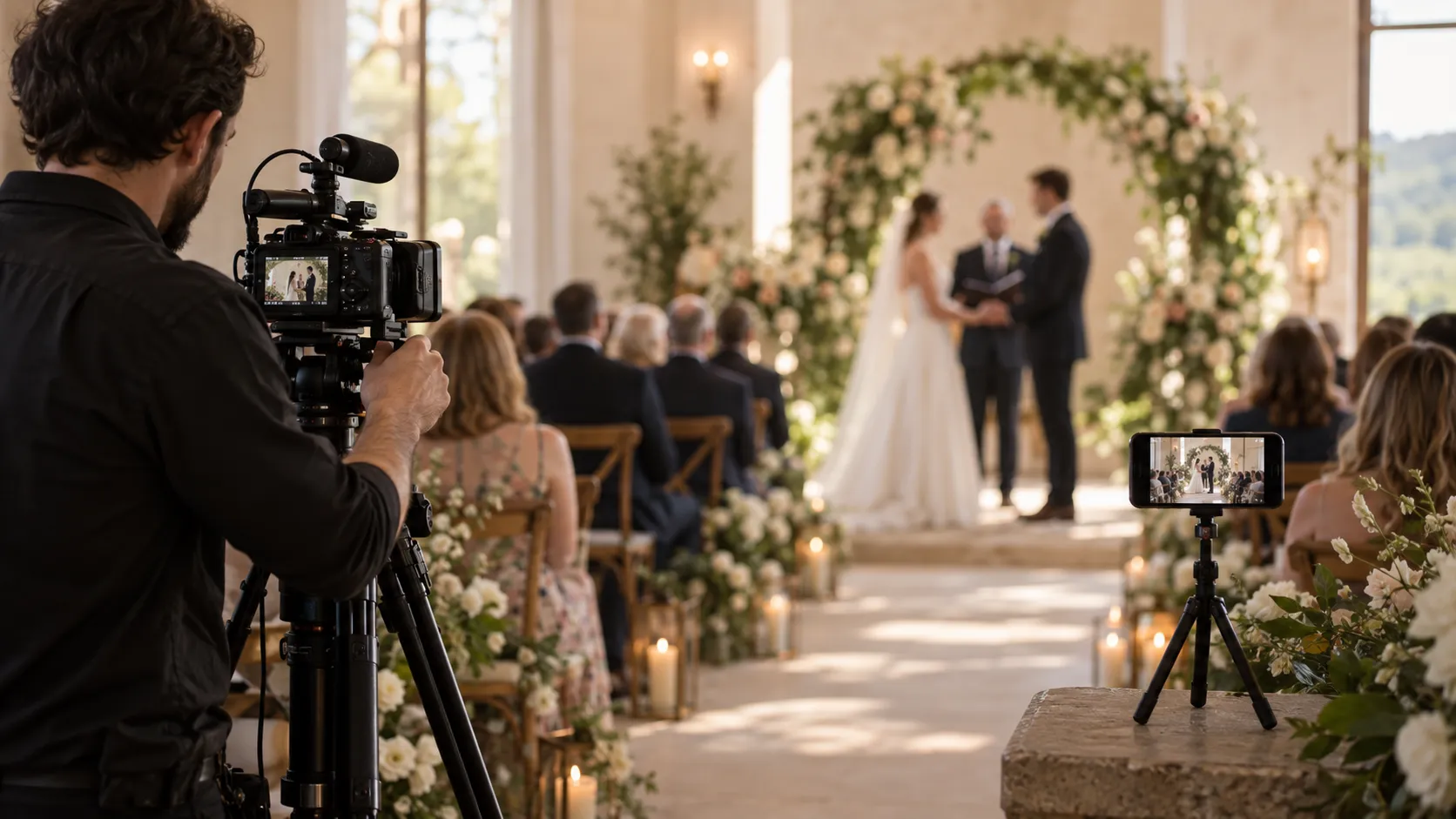 Professional camera setup and smartphone tripod being used to livestream a wedding ceremony