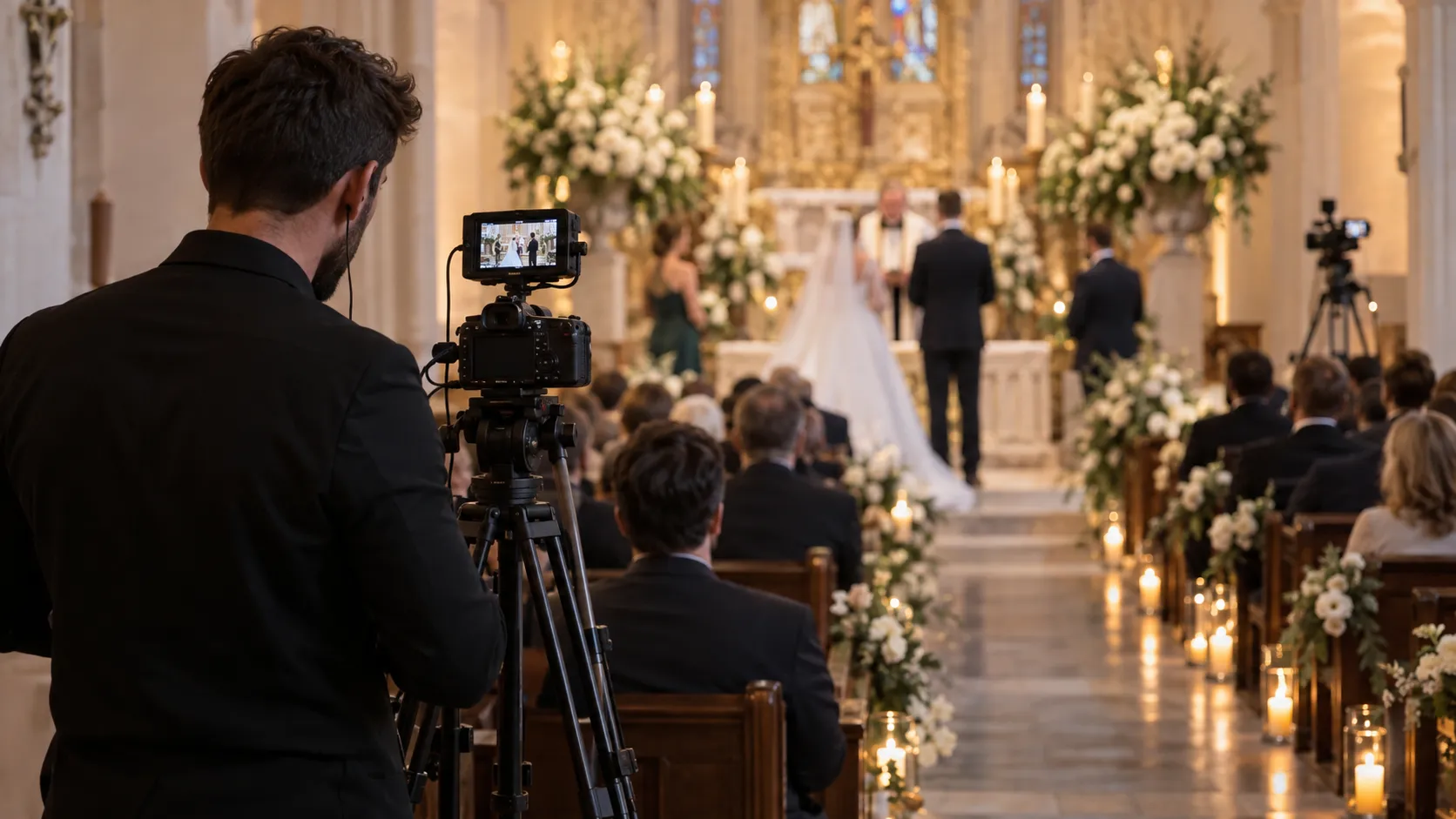Professional videographer managing a dedicated livestream during a wedding ceremony