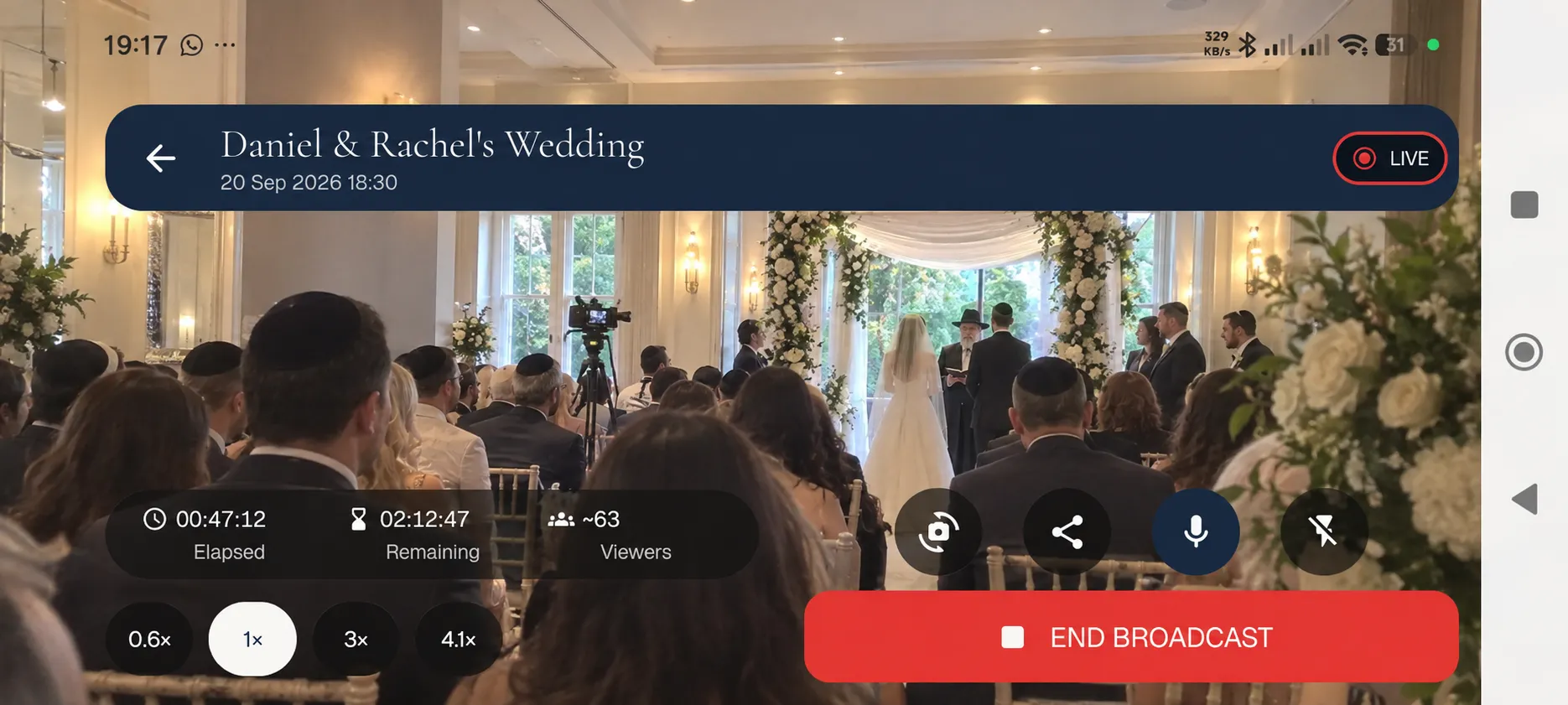 SimchaCam Android app actively livestreaming a wedding