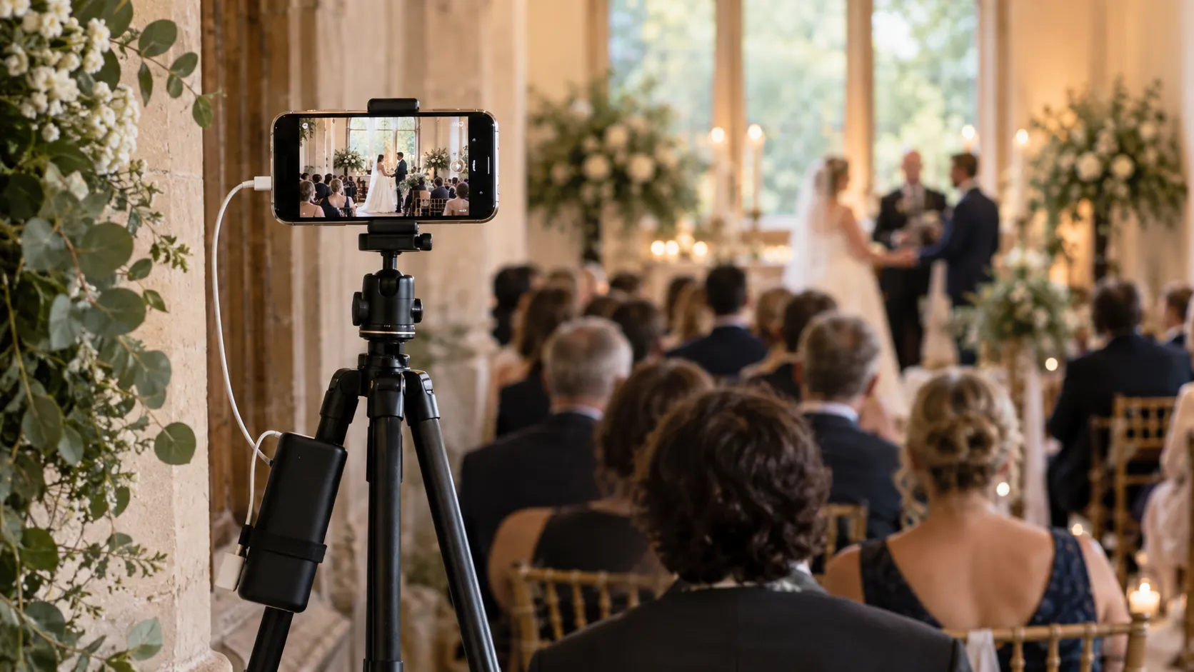 Smartphone mounted on a tripod for a simple DIY wedding livestream