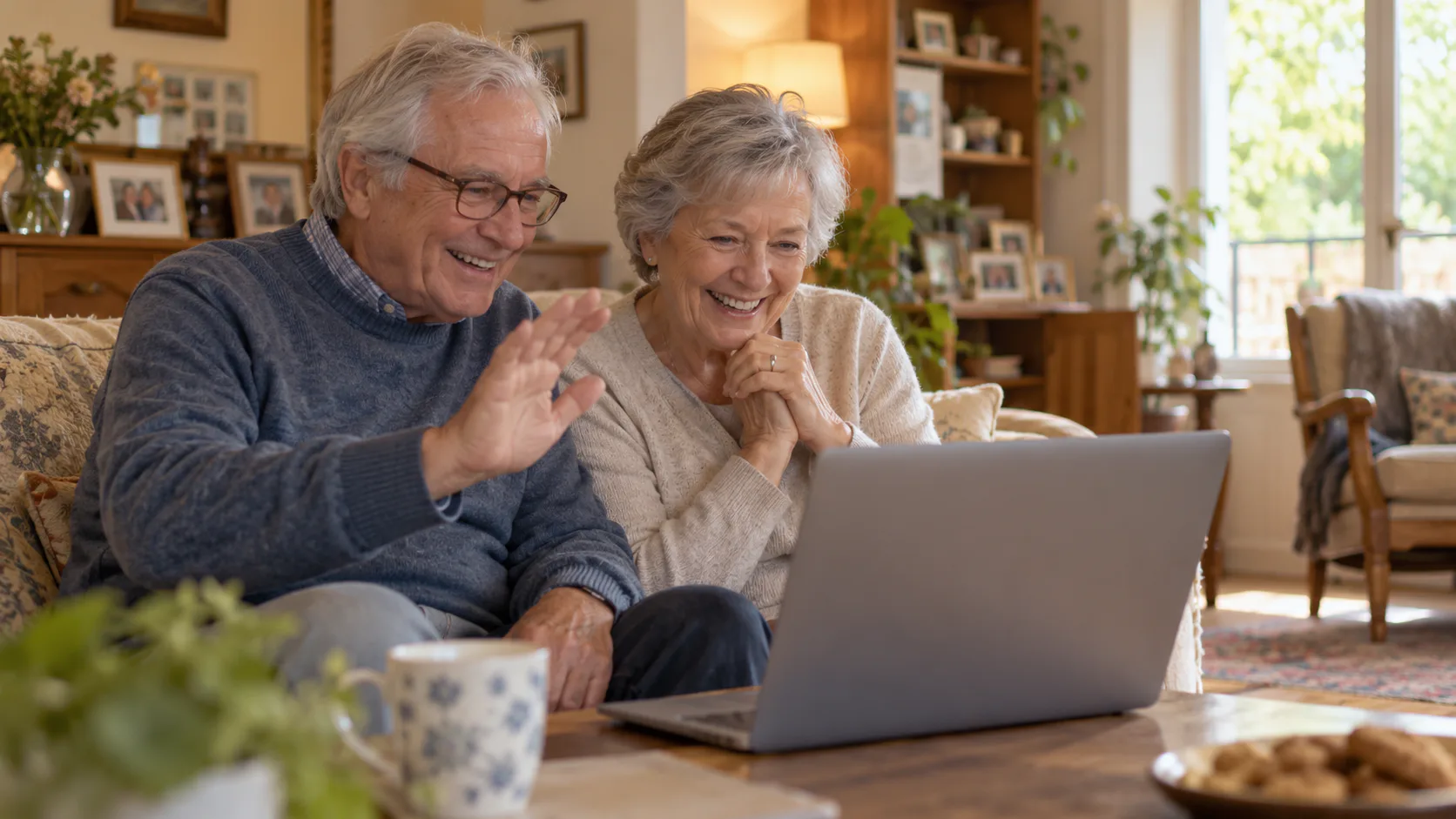 Older couple watching a private SimchaCam event livestream together on a laptop