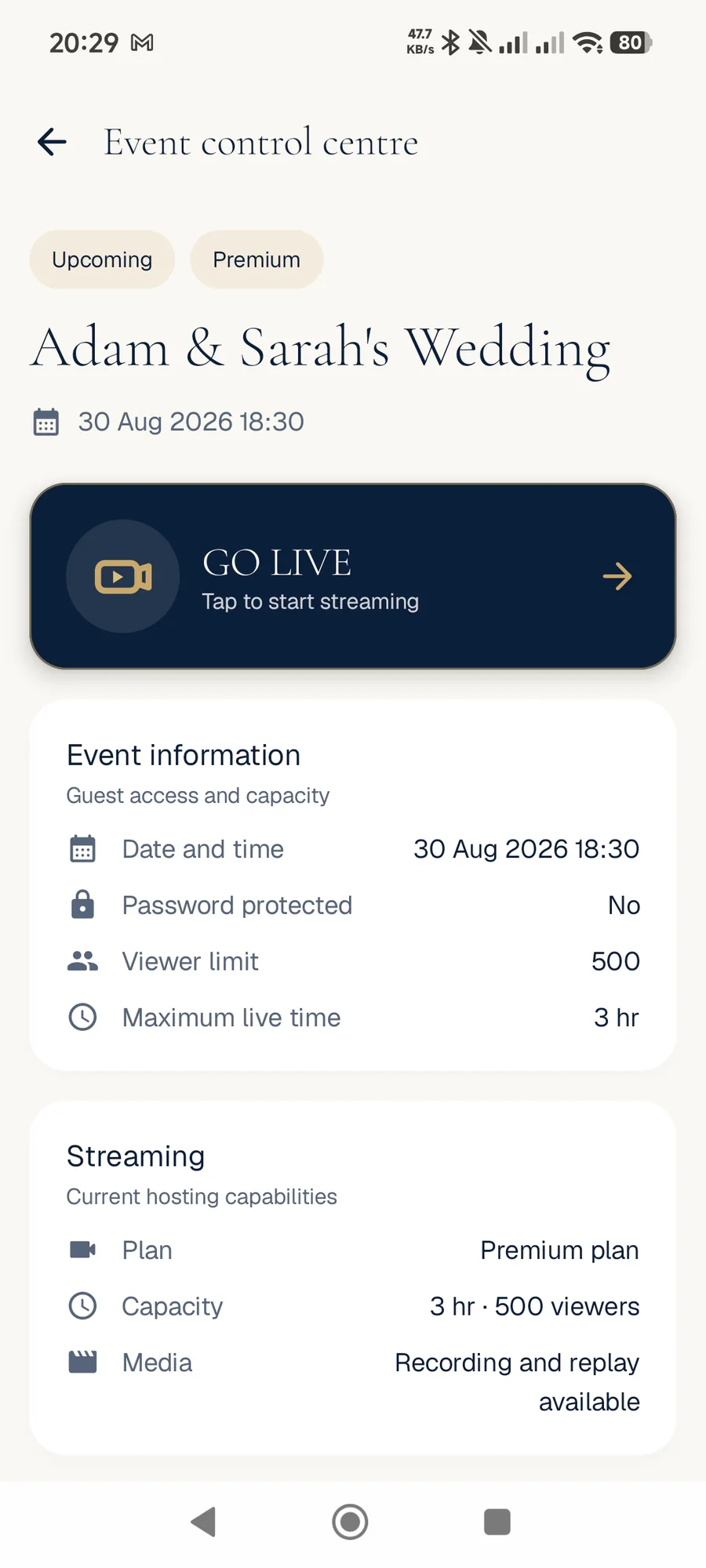 SimchaCam Event Control Centre with Go Live button