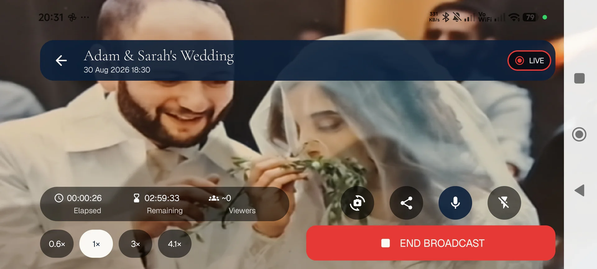 SimchaCam host app broadcasting a wedding live