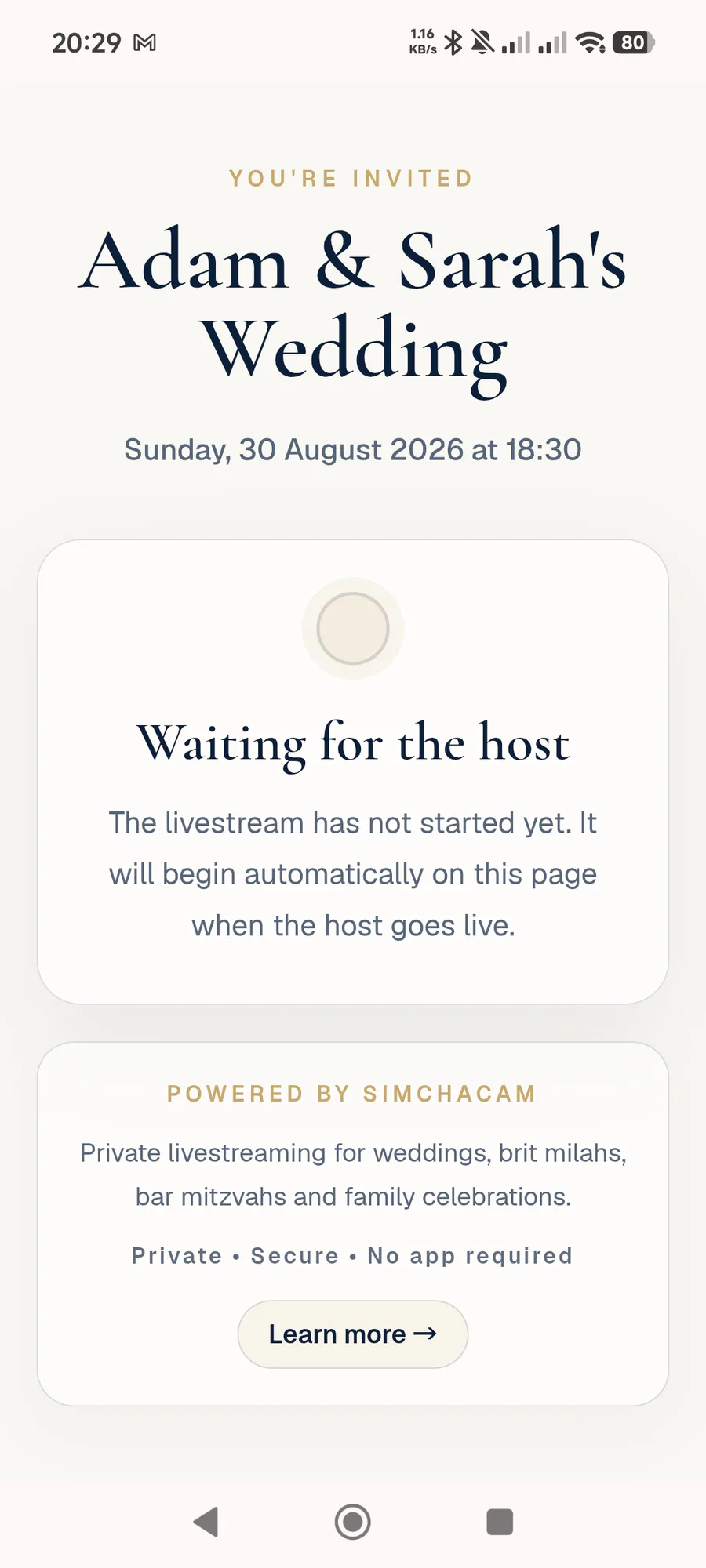 SimchaCam private livestream viewer page waiting for the host